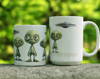 Aliens Coffee Mug, Cartoon Aliens Coffee Mug, ET Mug, UFO Mug, Aliens Gift, Aliens Gift Idea, UFO Gift Idea, 11oz or 15oz