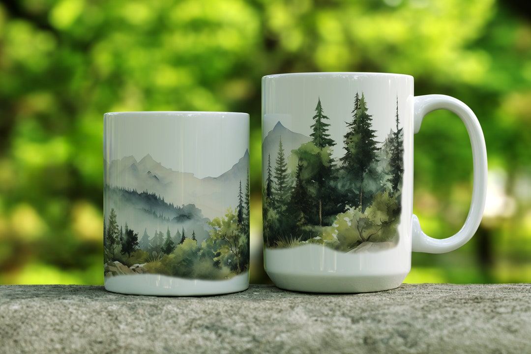 Mountain Scene Coffee Mug, Green Pine Tree Mountain Mug, Outdoor