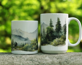 Mountain Scene Coffee Mug, Green Pine Tree Mountain Mug, Outdoor Aesthetic Mug, Panorama Nature, Outdoors Gift, Camping Gift, 11oz or 15oz