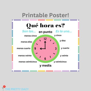 What time is it? Telling Time in Spanish Poster download, Spanish basics, Spanish Reference guide, Spanish teacher classroom, Printable