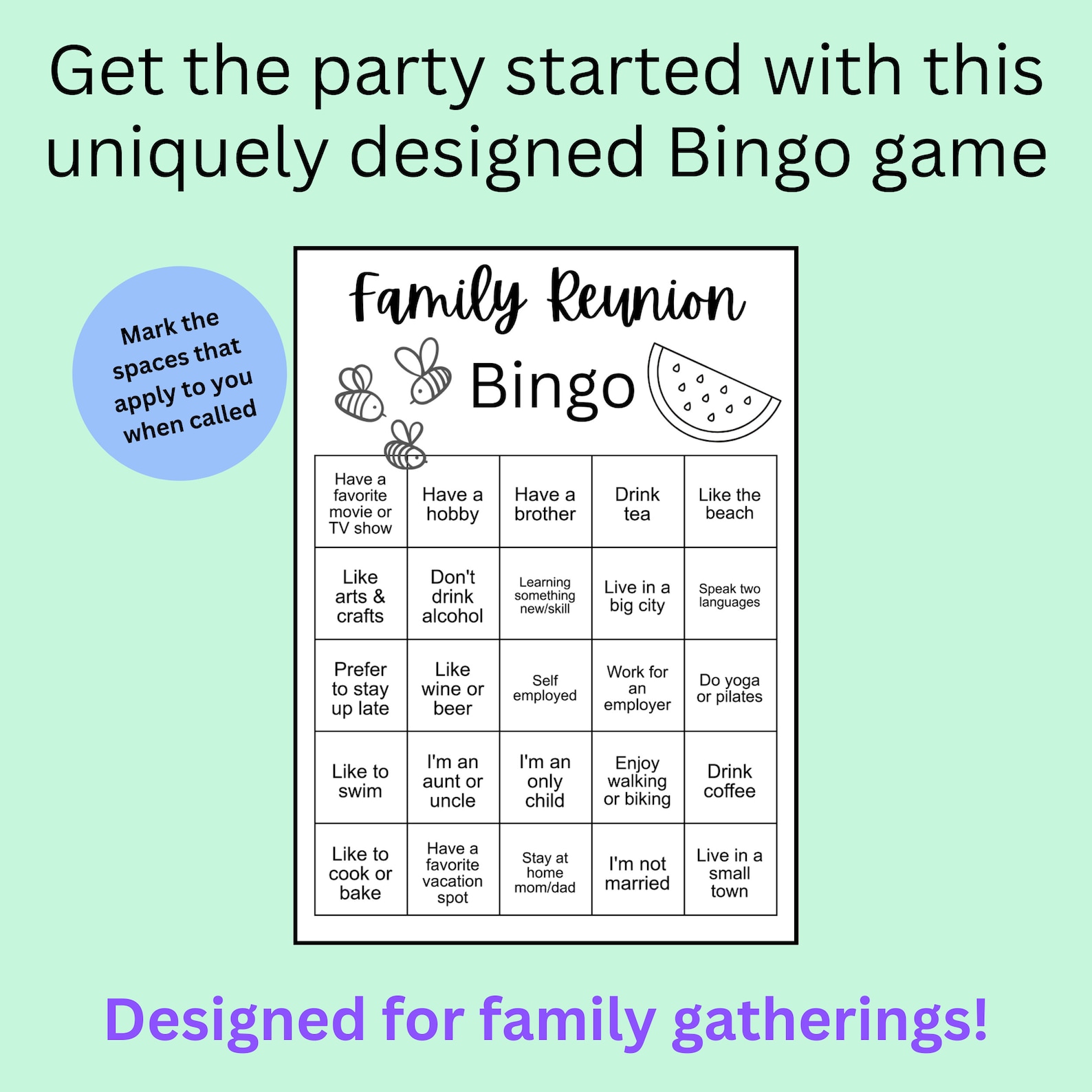 Family Reunion Bingo Printable, Family Gathering Game, Group Game, PDF