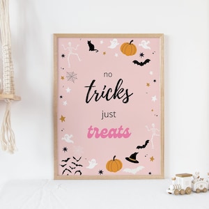 EDITABLE Pink Halloween Ghost Spooky No Tricks Just Treats Table Sign Pink Ghost Spooky Party Decor Spooktacular Halloween INSTANT DOWNLOAD