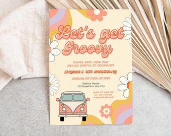EDITABLE Let's Get Groovy Birthday Party Invite Retro Birthday Flower Hippie Party Vibe 70s Party Editable Custom Digital Instant Download