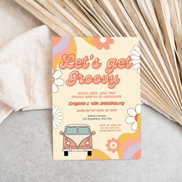 EDITABLE Let's Get Groovy Birthday Party Invite Retro Birthday Flower Hippie Party Vibe 70s Party Editable Custom Digital Instant Download