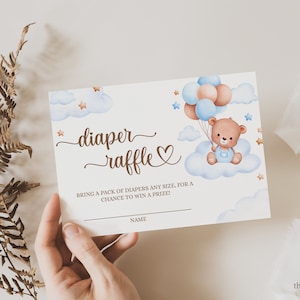Modifiable Nous pouvons supporter d’attendre Teddy Bear Balloon Bear Thème Baby Shower Diaper Raffle Card Invitation Blue Boy Boho Bear Téléchargement instantané 127B