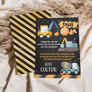 Editable Construction Thank You Card, Construction Boys Birthday Thank You Note, Dump Truck Party, Printable Template Instant download 128