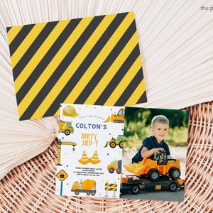 Invitation d'anniversaire 3 ans sale pour garçons de construction modifiable avec photo 3e anniversaire camion à benne basculante troisième anniversaire pelle pelle téléchargement immédiat