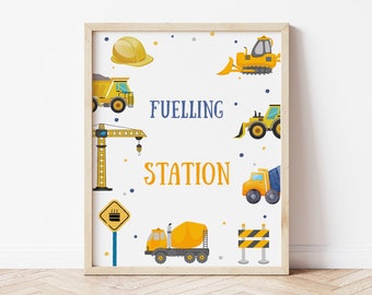 Editable Construction Boys Birthday Party Fuelling Station Table Sign Decorative Sign Dump Truck Digger Excavator Instant Download