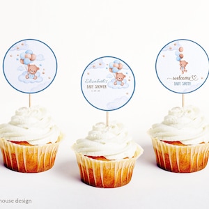 Bearbeitbar We Can Bearly warten Teddybär Ballon Bär Thema Baby Shower Cupcake Toppers Junge Baby Shower Blau Boho Bär Sofortiger Download 127B