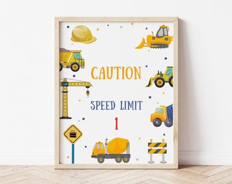 Editable Construction Boys Birthday Party Caution Speed Bump Decorative Table Sign Dump Truck Digger Excavator Construction Instant Download