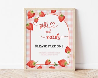 Editable Pink Gingham Berry First Gifts Cards Decorative Sign, Berry 1st Girl Birthday Decor Sign Strawberry Cupcake Instant download 130