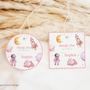 Editable Two the Moon Birthday Thank You Hang Tags Girl Pink Pastel Outerspace Decor Space 1st 2nd Birthday Hang Tags Instant Download 140