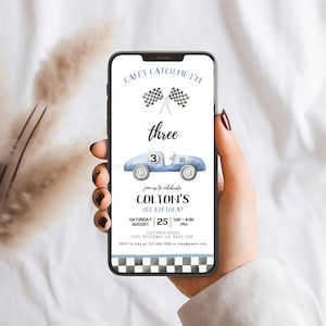 Modifiable, je ne peux pas m'attraper, j'ai trois ans, 3e anniversaire de voiture de course, invitation numérique, bleu, voiture de course vintage, troisième anniversaire, invitation téléchargement immédiat 139