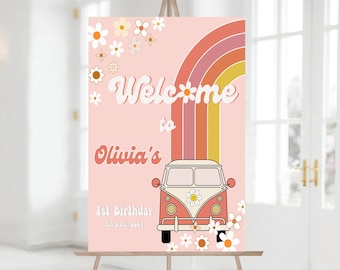 EDITABLE Groovy Retro Birthday Party Welcome To Sign Pink Van Daisy Rainbow Groovy Birthday Party Decorations Hippie Instant Download 135