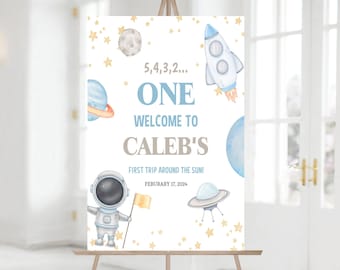 Editable First Trip Around the Sun Birthday Welcome To Sign, 1st Birthday Party Decor, Boy Space Party Decor Sign Astronaut Instant Download