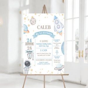 Bearbeitbares Erste Reise um die Sonne Geburtstag Meilenstein Zeichen Poster, 1. Geburtstagsfeier, Boy Space Party Decor Zeichen Astronaut Sofortiger Download