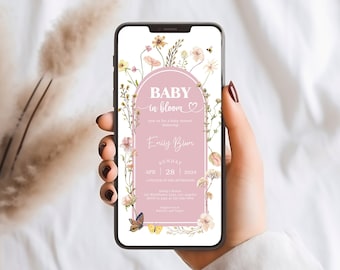 Wildflower Baby in Bloom Digital Invite Muted Blush Pink Boho Baby Shower Invite Garden Flowers Butterflies EDITABLE TEMPLATE Download 136