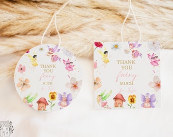 Editable Fairy Birthday Thank You Hang Tag Circle & Square Party Favor Whimsical Enchanted Pixie Magical Floral Princess Instant Download