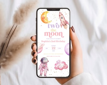 Editable Two the Moon Birthday Digital Invite Girl Pastel Outerspace Invitation Space 2nd Birthday Invitation Girl Instant Download 140