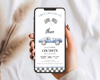 Editable Can't Catch Me I'm Three Racing Car 3rd Birthday Digital Invitation Blue Vintage Racecar Third Birthday Invite Instant Download 139