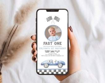 Editable Fast One Racing Car First Birthday Digital Invitation 1st Birthday Invite Blue Vintage Racecar Invite Template Instant Download 139