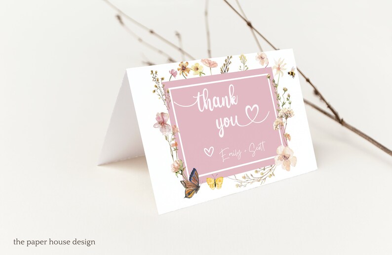 Wildflower 1st Birthday Party Thank You Card Muted Pink Boho Baby in ...