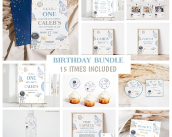 Editable First Trip Around the Sun Birthday Bundle Invite & Decor, 1st Birthday Party Decor Boy Space Party Decor Astronaut Instant Download