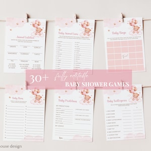 Editable We Can Bearly Wait Teddy Bear Balloon Bear Theme Baby Shower Games Bundle Girl Pink Baby Shower Games Baby Bingo Download 127G