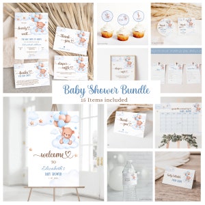 Editable We Can Bearly Wait Teddy Bear Balloon Bear Theme Baby Shower Invitation Bundle Decor Blue Boy Boho Bear Instant Download 127B