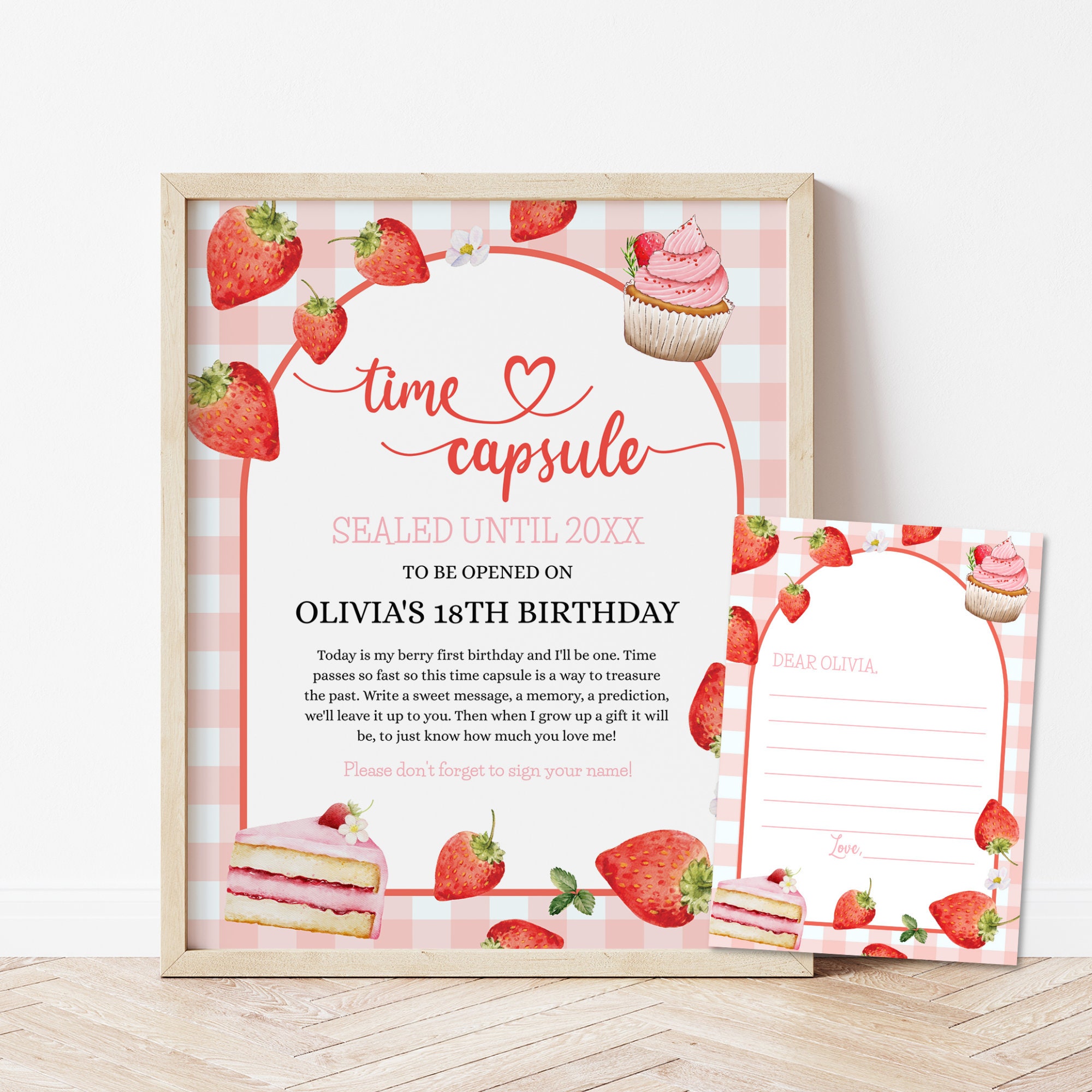 Editable Pink Gingham Berry First Birthday Time Capsule Sign Berry 1st Birthday Party Time Capsule Guestbook Strawberry Instant download 130