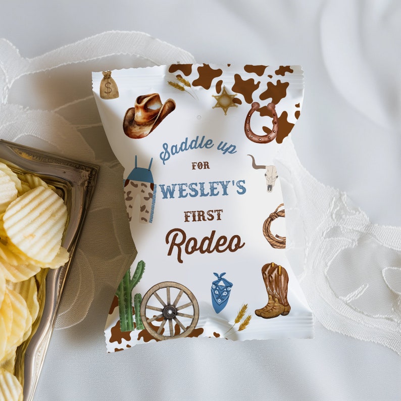 My First Rodeo Chip Bag Editable Cowboy Birthday Chip Bag Decor 1st Birthday Wild West Cowboy ...