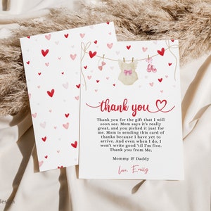 MODIFIABLE Une petite carte de remerciement pour baby shower, décoration de fête pour baby shower, coeurs roses pour la Saint-Valentin, TÉLÉCHARGEMENT IMMÉDIAT