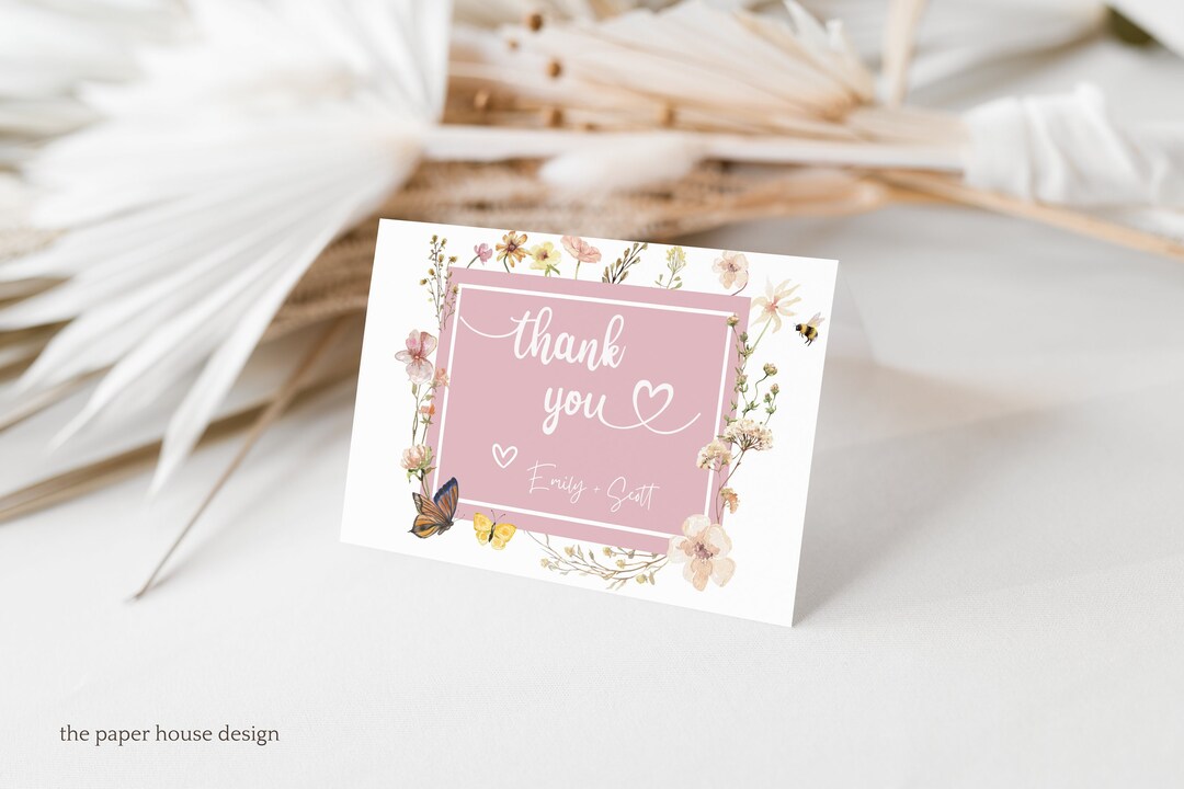 Wildflower 1st Birthday Party Thank You Card Muted Pink Boho Baby in ...