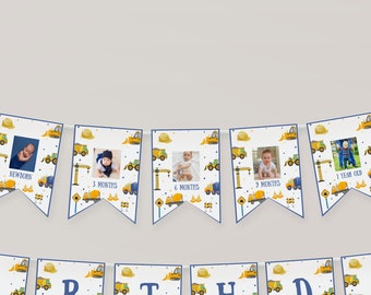 Editable Construction Boys Birthday Party Milestone Photo Birthday Banner Sign Decorative Sign Dump Truck Digger Excavator Instant Download