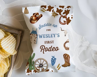 Editable Cowboy Birthday Chip Bag Decor 1st Birthday Wild West Cowboy Rodeo Birthday Decorations Southwestern Ranch Blue Instant Download