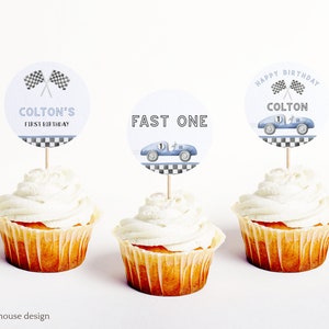 Editable Fast One Racing Car First Birthday Cupcake Toppers 1st Birthday Invite Blue Vintage Racecar Party Decorations Instant Download 139
