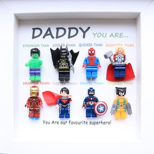 Tu sei il mio supereroe, cornici decorate con minifigure personali, papà supereroe, regalo fantastico per papà, suocero, patrigno, regalo supereroico
