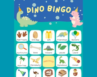 Könnte beinhalten: Eine bunte Dino-Bingo-Spielkarte mit Bildern von Dinosauriern, einem Vulkan, einer Palme, einer Lupe, einem Knochen, einem Geschenk, einem Partyhut, einem T-Rex-Fossil, einer Schaufel, einem Kuchen und vielem mehr.