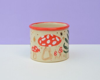 Ceramic Cup With Mushroom Design, Makeup Brush Storage, Pencil Storage, Stash Jar, Candy Dish