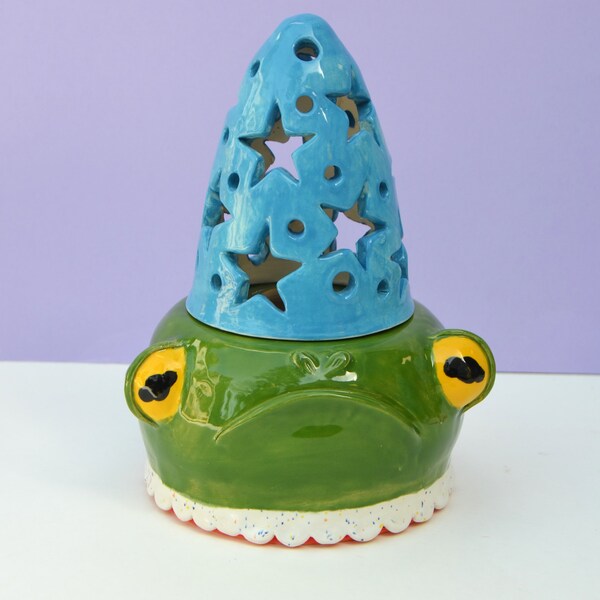 Ceramic Frog Wizard Lamp with Detachable Hat, Frog Nightlight