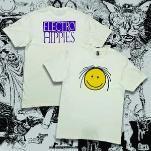 May include: Two off-white t-shirts. One features a yellow smiley face with black hair. The other has the text "ELECTRO HIPPIES" in purple. The background is a black and white graphic.