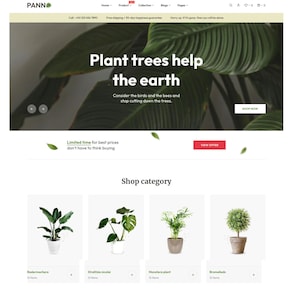 Könnte beinhalten: Homepage der Website eines Pflanzenladens namens PANN. Die Website zeigt ein Bannerbild mit grünen Blättern und dem Text "Pflanzen helfen der Erde". Die Website bietet außerdem einen Bereich namens "Shop-Kategorie" mit vier verschiedenen Pflanzenarten: Radermachera, Strelitzia nicolai, Monstera-Pflanze und Bromelien.