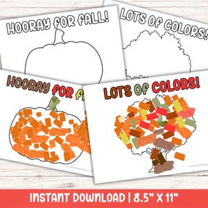 May include: Four printable fall-themed art pages. Two pages feature outlines of a pumpkin and a tree, with the text "HOORAY FOR FALL!" and "LOTS OF COLORS!". The other two pages show the pumpkin and tree filled with colorful paper. The text "INSTANT DOWNLOAD | 8.5" X 11"" is at the bottom.