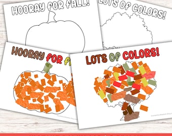 May include: Four printable fall-themed art pages. Two pages feature outlines of a pumpkin and a tree, with the text "HOORAY FOR FALL!" and "LOTS OF COLORS!". The other two pages show the pumpkin and tree filled with colorful paper. The text "INSTANT DOWNLOAD | 8.5" X 11"" is at the bottom.