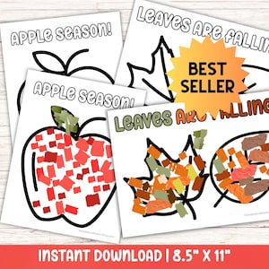Può includere: Una collezione di stampe artistiche con disegni a tema autunnale. Le immagini includono una mela con la scritta "APPLE SEASON!" e foglie con la scritta "LEAVES ARE FALLING!". Il testo "BEST SELLER" è su una stella. La dimensione è di 21,6 cm x 28 cm.