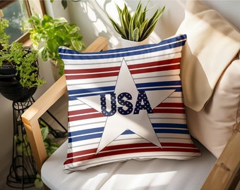 Red White and Blue USA All Weather Patriotic Outdoor Bench Pillow, spring and Summer Patio Decor, Housewarming Gift for Summer Home or Boat