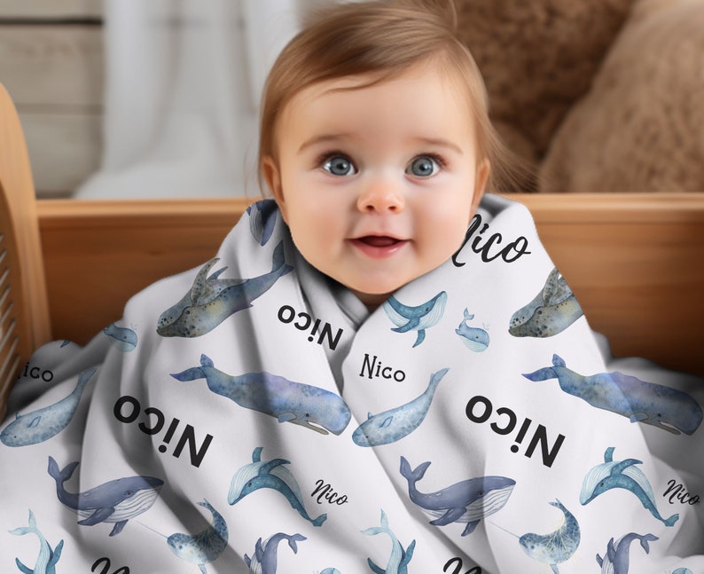 Personalized Swaddle Whale Theme Fuzzy Blanket for Baby Shower Gift for