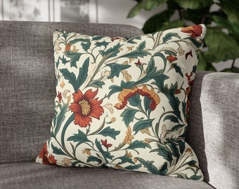 Green and Orange Floral William Morris Inspired Throw Pillow Cover, Vintage Style, 4 Sizes, Housewarming Gift, Arts and Crafts - COVER ONLY