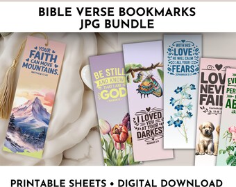 May include: A set of six printable bookmarks featuring watercolor backgrounds and inspirational Bible verses. The bookmarks include verses about faith, love, and peace. Each bookmark is designed with a different watercolor background, including mountains, flowers, and butterflies.