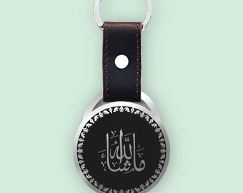 Islamic key ring • Muslim key ring • Personalized key ring "Mashallah" made of stainless steel and leather